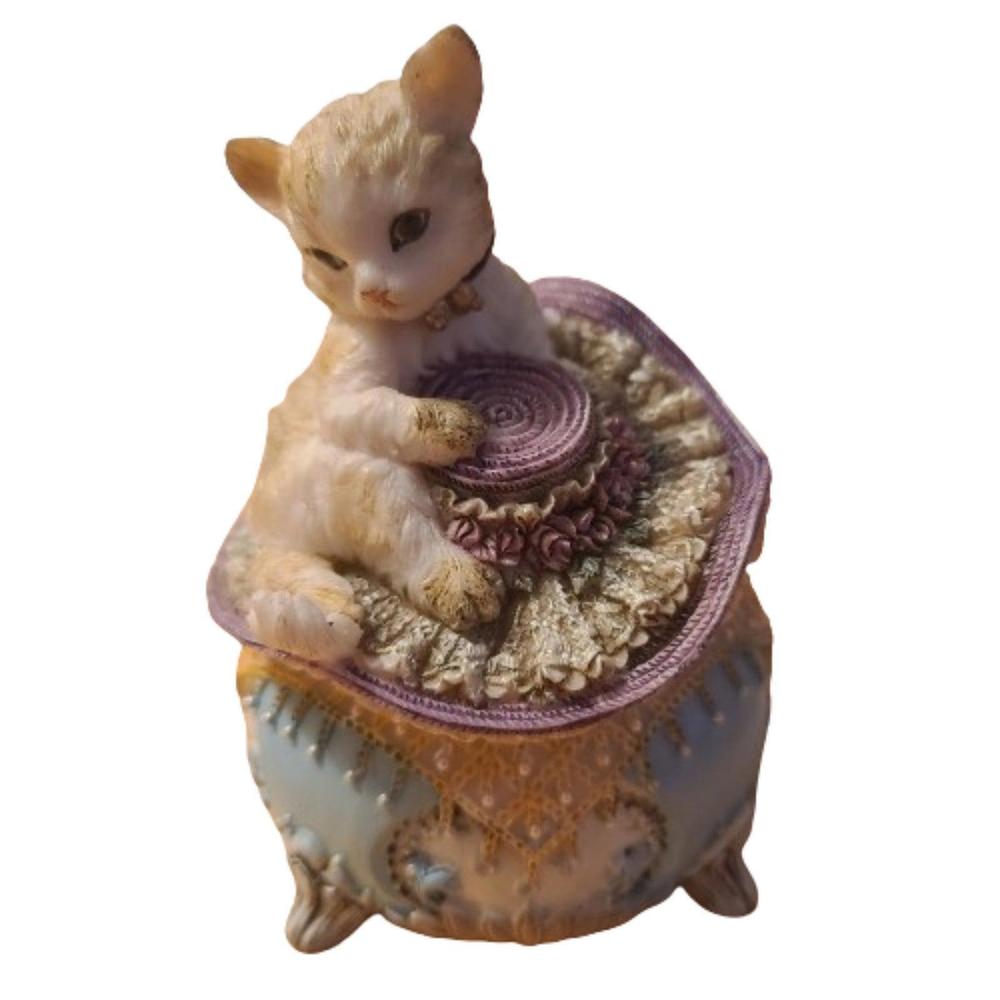 Vintage 2000 Glass Cat with Purple Hat Musical Figurine Popular Imports